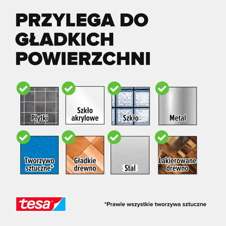 Grafika przedstawia powierzchnie kompatybilne z piankową taśmą montażową Tesa do wnętrz