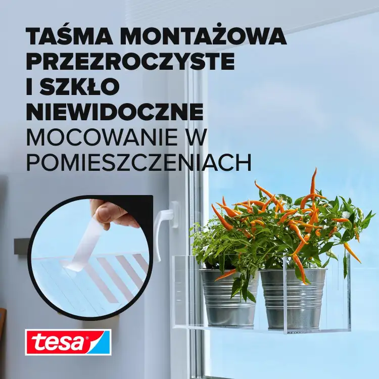 Przezroczysta taśma Tesa mocująca doniczki na oknie prezentuje efekt niewidocznego montażu