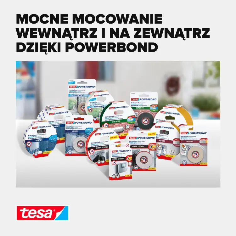 Zestaw różnych dwustronnych taśm montażowych Tesa prezentowanych na tle jasnego wnętrza