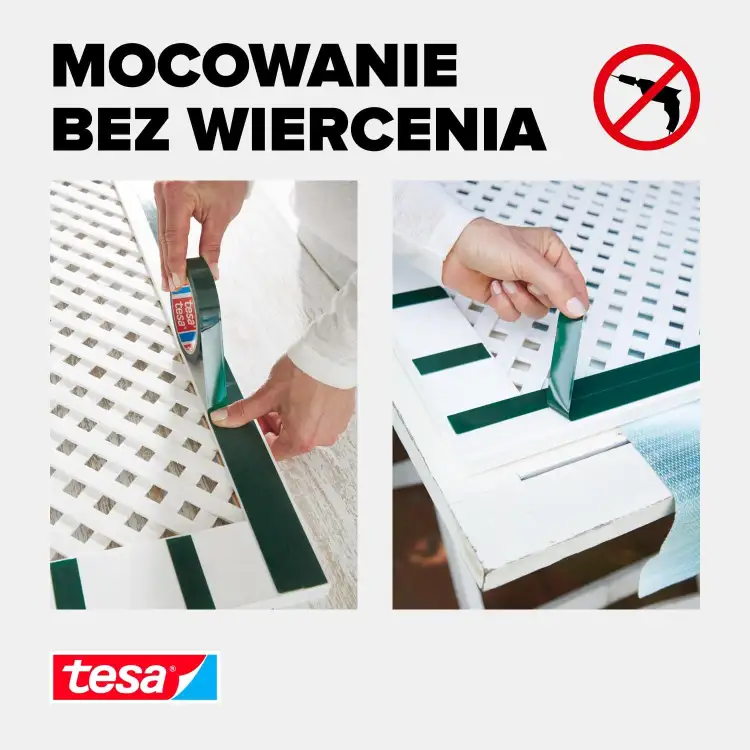 Montaż półki za pomocą dwustronnej taśmy piankowej Tesa bez konieczności wiercenia w ścianie
