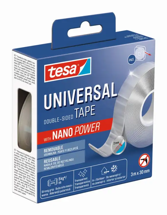 Przezroczysta taśma Tesa NANO POWER prezentowana w opakowaniu z widocznym fragmentem rolki