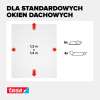 Grafika prezentuje wymiary białej siatki Tesa przeznaczonej do standardowych okien dachowych