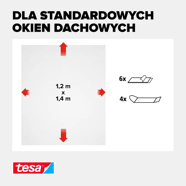 Grafika prezentuje wymiary białej siatki Tesa przeznaczonej do standardowych okien dachowych
