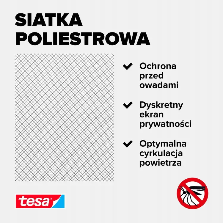 Infografika przedstawia zalety białej moskitiery Tesa na okno dachowe, podkreślając ochronę przed owadami