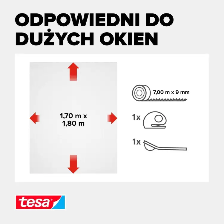 Grafika przedstawia wymiary białej siatki Tesa Comfort oraz akcesoria do samodzielnego montażu