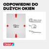 Grafika przedstawia wymiary czarnej siatki Tesa Comfort oraz elementy zestawu do dużych okien