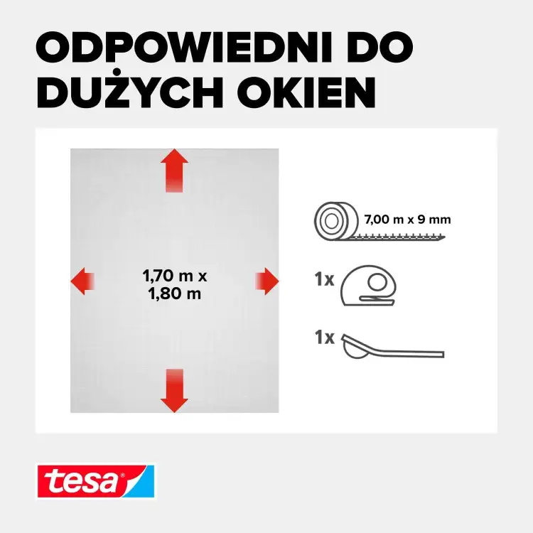 Grafika przedstawia wymiary czarnej siatki Tesa Comfort oraz elementy zestawu do dużych okien