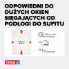 Grafika pokazuje wymiary białej moskitiery Tesa Comfort oraz zestaw elementów do montażu