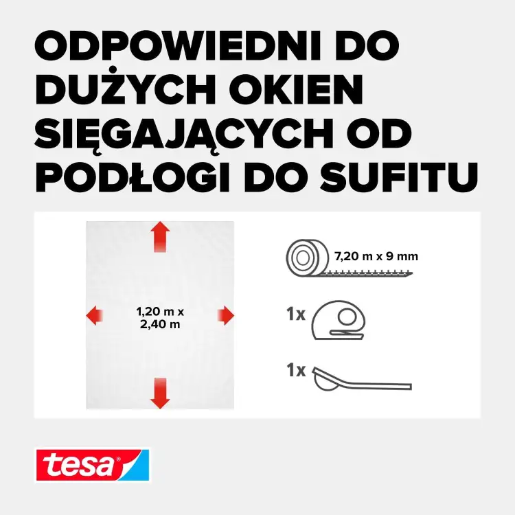 Grafika przedstawia instrukcję montażu czarnej siatki okiennej Tesa Comfort na wysokie okna