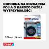 Opakowanie czarnej taśmy Tesa Extreme Repair prezentowane na tle informacji o jej wytrzymałości