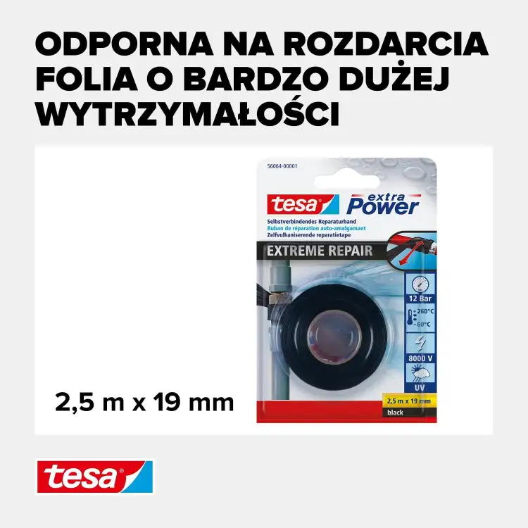 Opakowanie czarnej taśmy Tesa Extreme Repair prezentowane na tle informacji o jej wytrzymałości