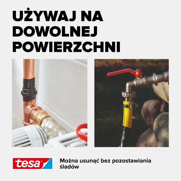 Czarna taśma marki Tesa zabezpiecza przeciekającą rurę wodną podczas awaryjnej naprawy instalacji