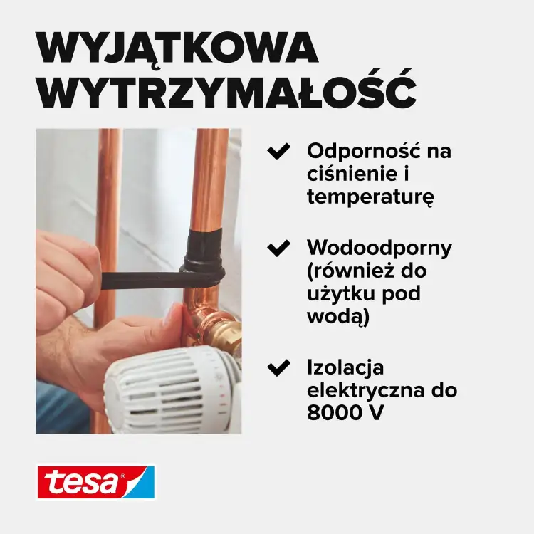 Na zdjęciu widoczna taśma Tesa samowulkanizująca owinięta wokół miedzianej rury grzewczej