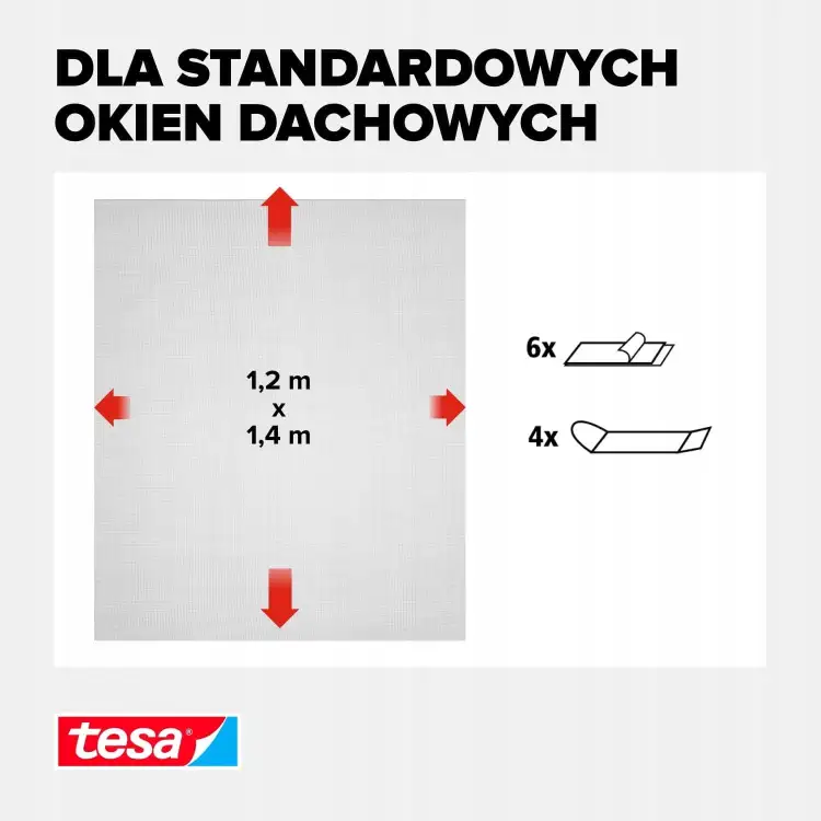 Grafika przedstawia wymiary siatki Tesa oraz zestaw elementów do montażu na oknie dachowym