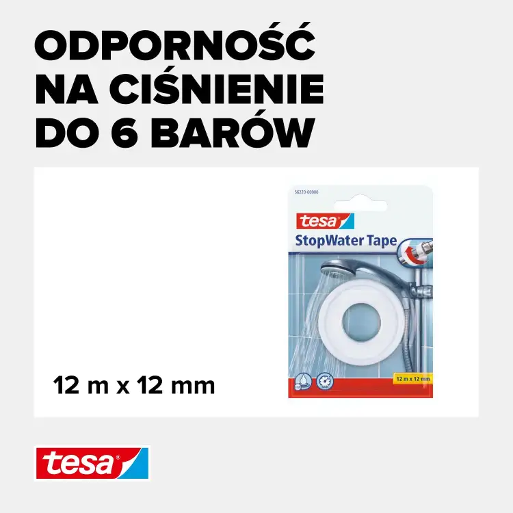Opakowanie białej taśmy teflonowej Tesa prezentowane na tle informacji o odporności na ciśnienie