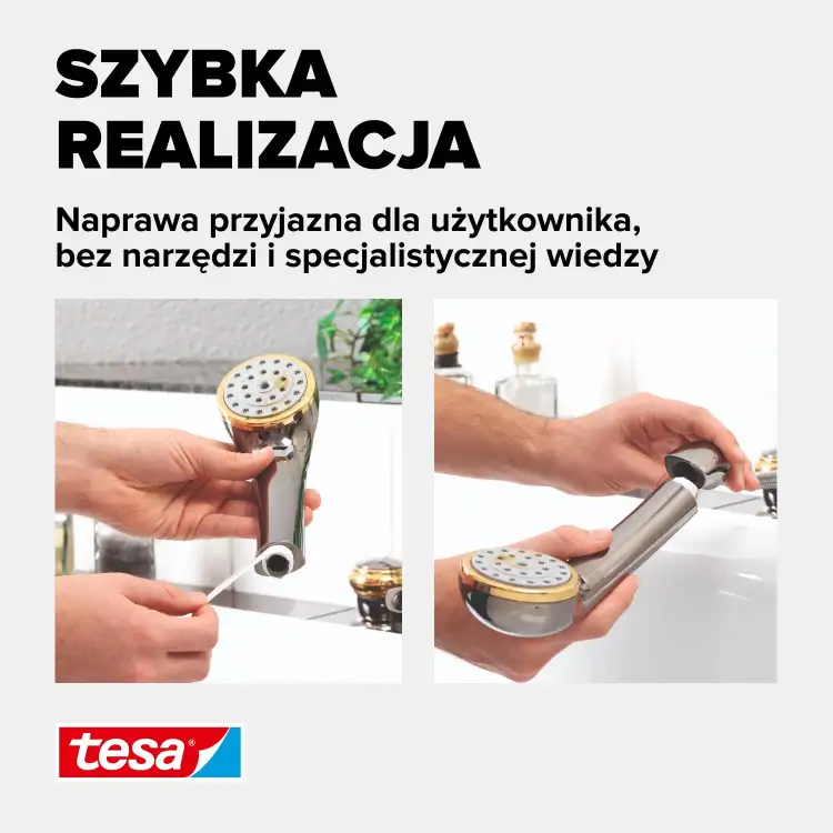 Montaż słuchawki prysznicowej z użyciem taśmy teflonowej Tesa zapewnia szczelność połączenia