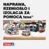 Rolka białej taśmy teflonowej Tesa prezentowana na tle innych produktów marki do uszczelniania gwintów