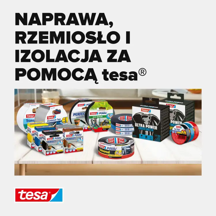 Rolka białej taśmy teflonowej Tesa prezentowana na tle innych produktów marki do uszczelniania gwintów