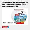 Opakowanie przezroczystej taśmy Tesa prezentowane na tle informacji o jej wytrzymałości i rozmiarze