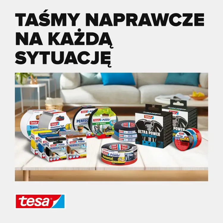Różne rodzaje taśm naprawczych Tesa rozłożone na stole prezentują szeroki wybór produktów