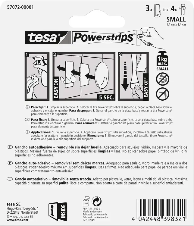 Instrukcja montażu haczyków Tesa Powerstrips na opakowaniu pokazująca sposób przyklejenia do gładkiej powierzchni
