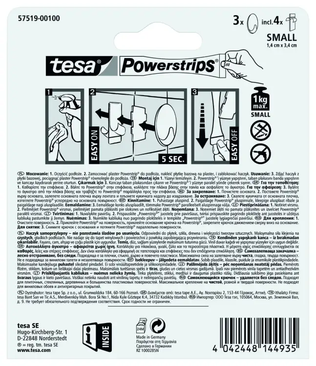 Instrukcja montażu haczyków Tesa Powerstrips przedstawiona na opakowaniu produktu z czytelnymi ilustracjami