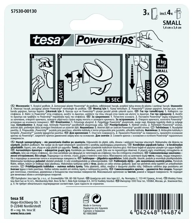 Instrukcja montażu haczyków Tesa Powerstrips pokazana na białym tle z opisem kroków po polsku