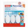 Opakowanie trzech białych haczyków Tesa Powerstrips prezentowane na tle kafelków łazienkowych