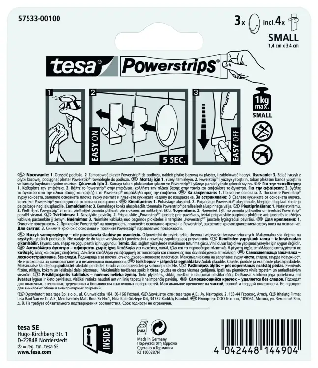 Instrukcja montażu haczyków Tesa Powerstrips pokazana na odwrocie opakowania z czytelnymi piktogramami