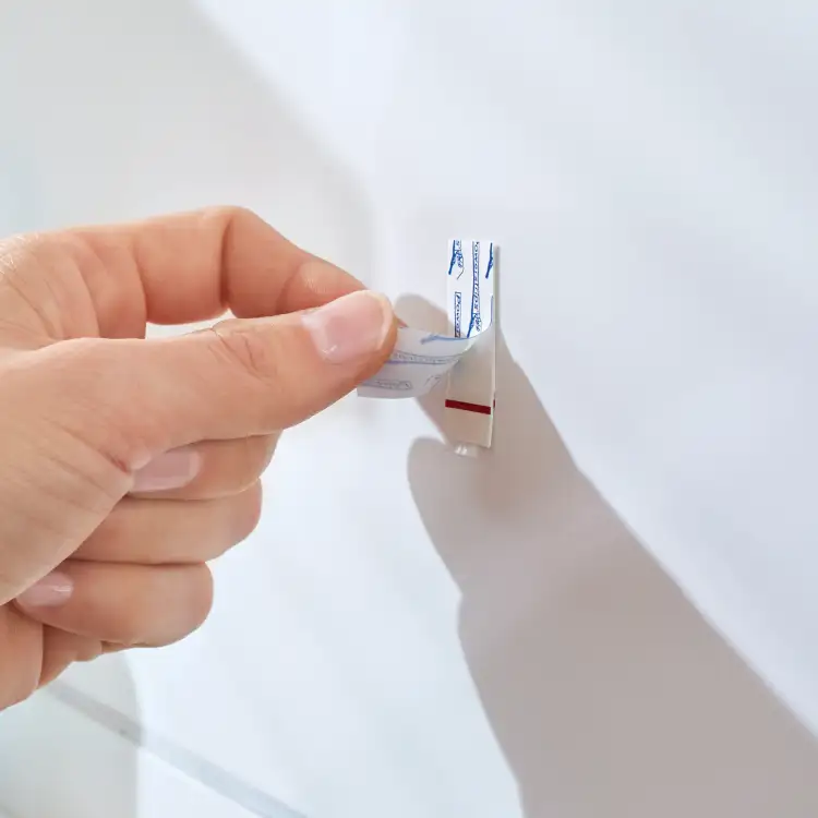 Delikatne dociśnięcie samoprzylepnego haczyka łazienkowego Tesa Powerstrips do gładkiej powierzchni ściany