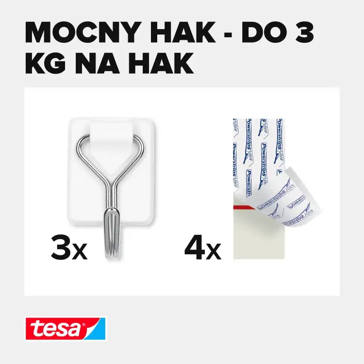 Na grafice pokazano białe druciane haczyki Tesa oraz taśmy montażowe z opisem udźwigu