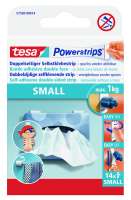 Opakowanie Tesa Powerstrips small prezentuje sposób mocowania dekoracji na ścianie bez użycia gwoździ