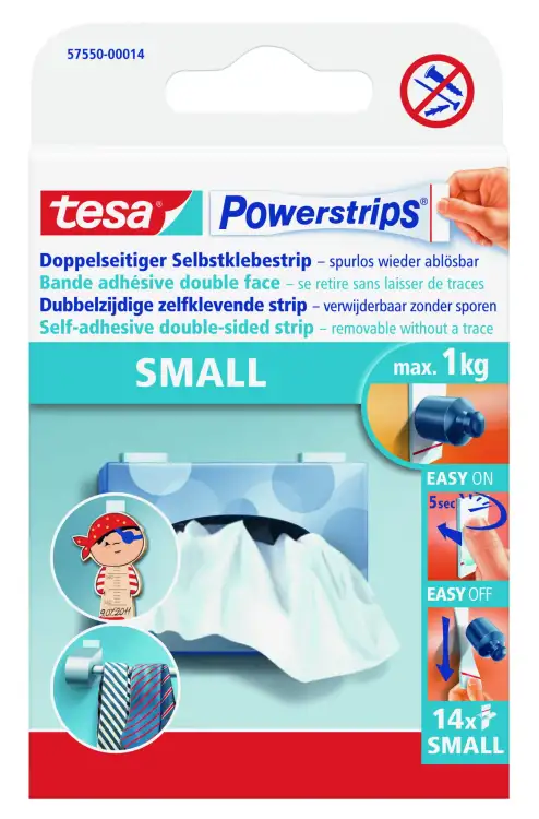 Opakowanie Tesa Powerstrips small prezentuje sposób mocowania dekoracji na ścianie bez użycia gwoździ