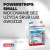 Opakowanie Tesa Powerstrips small pokazane obok paska samoprzylepnego gotowego do użycia na białym tle