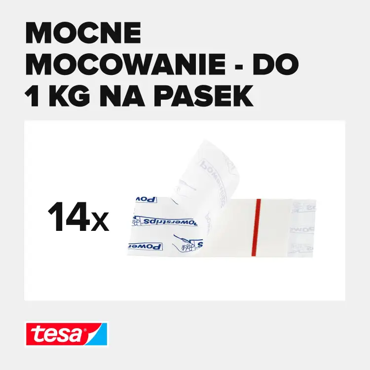 Zbliżenie na paski samoprzylepne Tesa small ułożone obok siebie na jasnym tle
