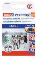 Opakowanie Tesa Powerstrips Large prezentuje zastosowanie pasków do mocowania kluczy i dekoracji na ścianie