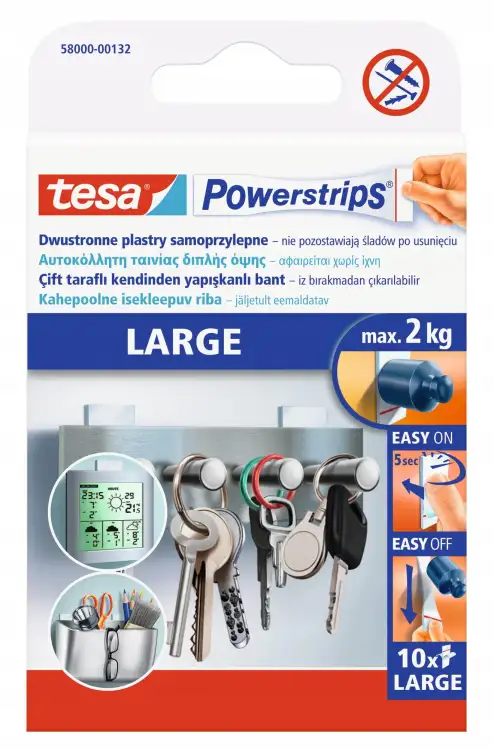Opakowanie Tesa Powerstrips Large prezentuje zastosowanie pasków do mocowania kluczy i dekoracji na ścianie