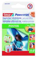 Opakowanie Tesa Powerstrips prezentuje sposób mocowania plakatu na ścianie bez użycia gwoździ
