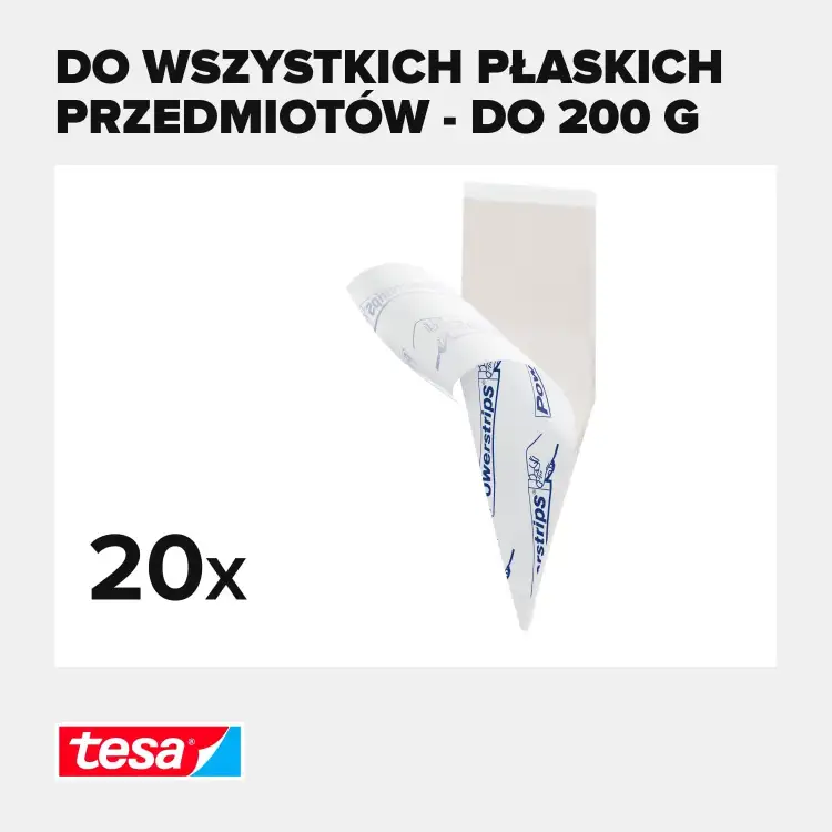 Opakowanie Tesa prezentuje paski samoprzylepne przeznaczone do łatwego montażu lekkich przedmiotów