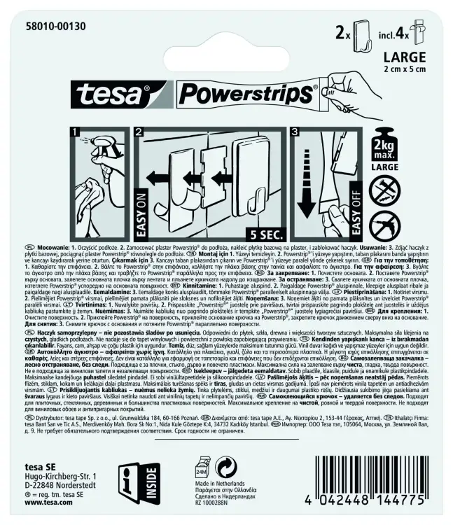 Instrukcja montażu haczyków Tesa Powerstrips pokazana na białym tle z czytelnymi rysunkami krok po kroku