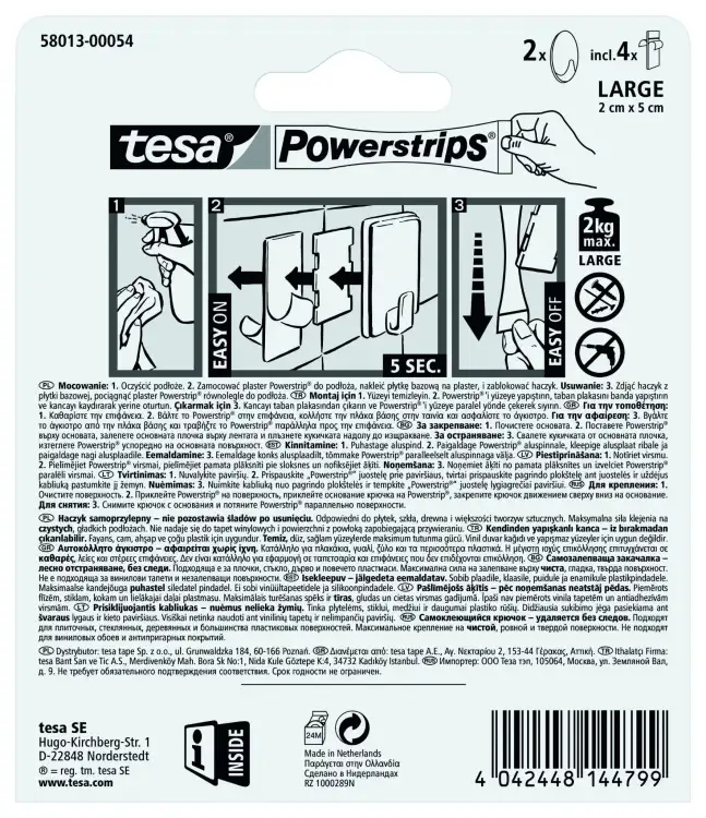 Instrukcja montażu haczyków Tesa Powerstrips przedstawiona na tylnej stronie opakowania produktu