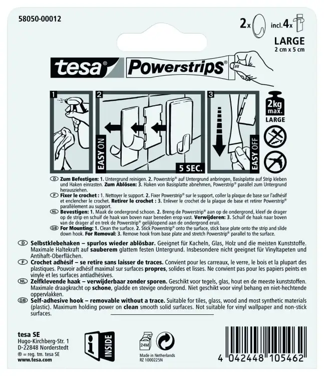 Instrukcja montażu haczyków łazienkowych Tesa Powerstrips przedstawiona na opakowaniu produktu