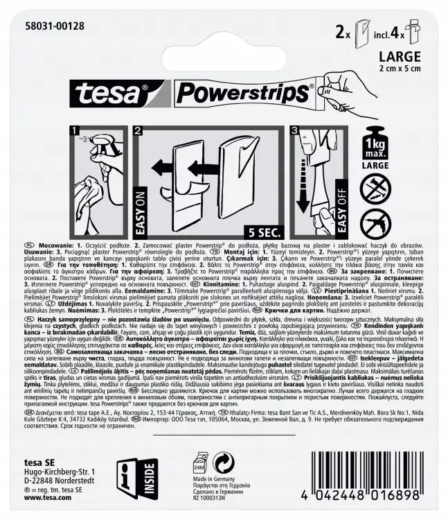 Instrukcja montażu białych haczyków Tesa Powerstrips pokazana na opakowaniu produktu z tyłu