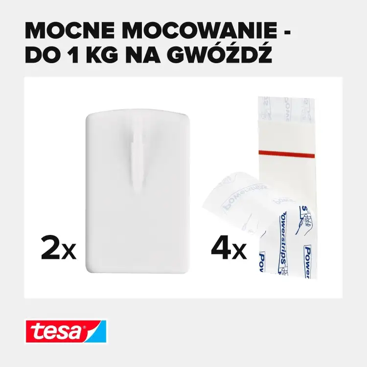 Zbliżenie na białe haczyki samoprzylepne Tesa z paskami montażowymi do zawieszania dekoracji