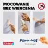 Trzy etapy mocowania białego haczyka samoprzylepnego Tesa na gładkiej ścianie z użyciem Powerstrips