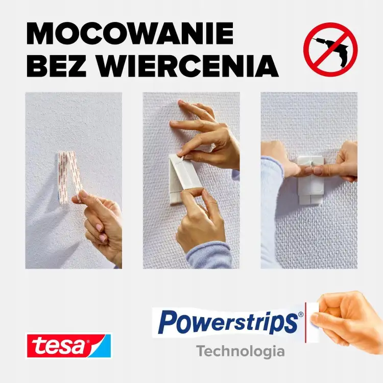 Trzy etapy mocowania białego haczyka samoprzylepnego Tesa na gładkiej ścianie z użyciem Powerstrips