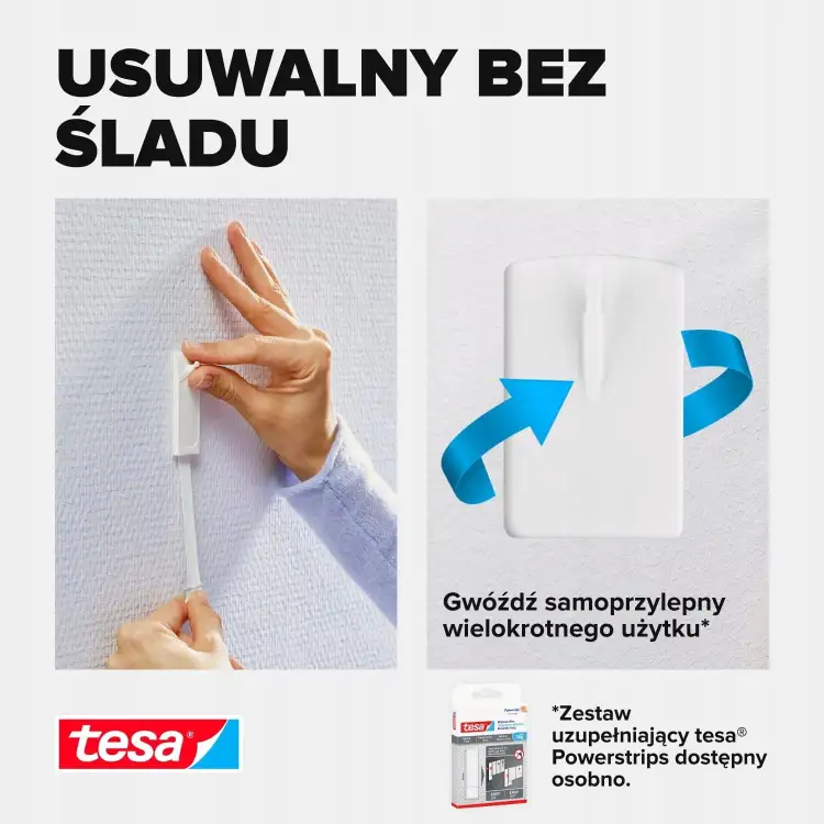 Osoba z łatwością usuwa biały haczyk samoprzylepny Tesa ze ściany bez pozostawiania śladów
