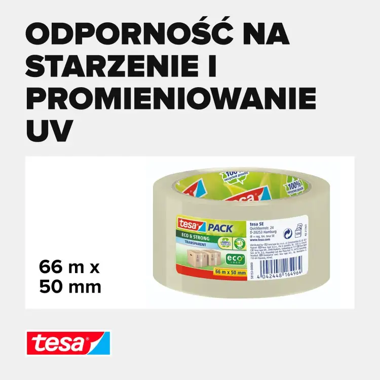Rolka przezroczystej taśmy akrylowej Tesa prezentowana na białym tle z informacją o odporności UV