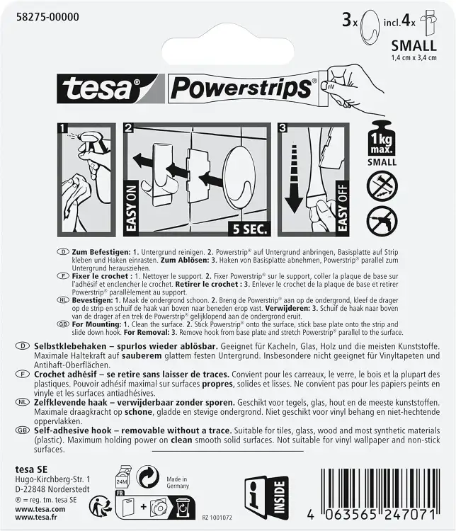 Instrukcja montażu czarnych haczyków Tesa Powerstrips pokazana krok po kroku na białym tle opakowania