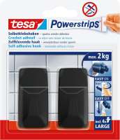Na zdjęciu dwa czarne haczyki Tesa Powerstrips zamocowane na białych płytkach łazienkowych